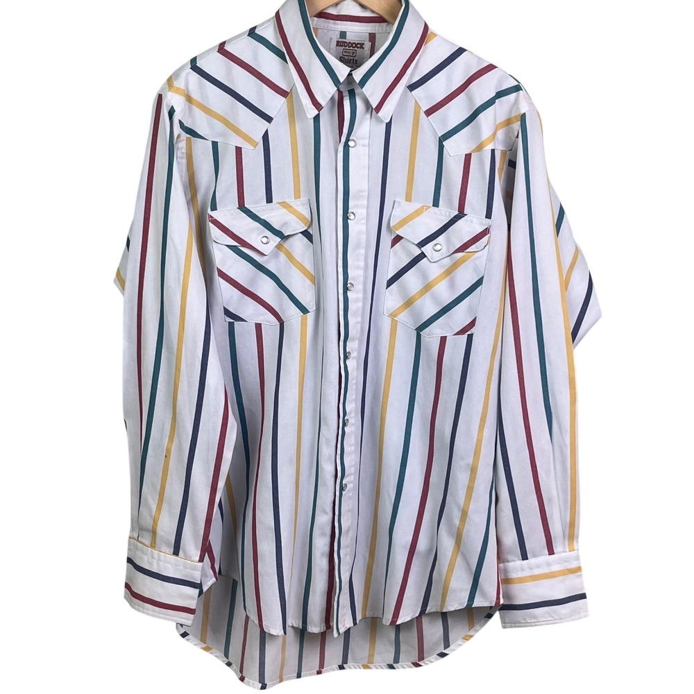 VTG‎ Ruddock Red Yellow Green Striped Long Sleeve Pearl Snap Shirt 16 1/2x35
